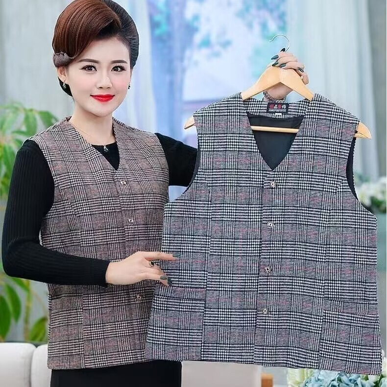 Spring and Autumn Thin Plaid Vest for Middle-Aged Women, Loose-Fitting Mother's Vest, Short Style for Elderly, Large Size Cardigan