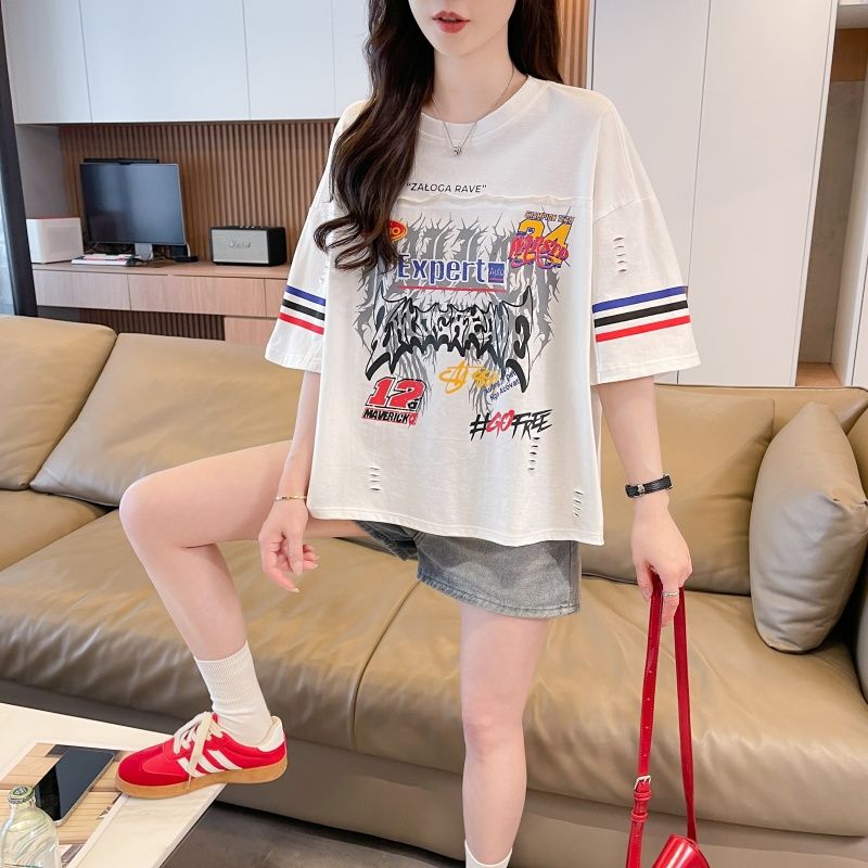 Distressed Short Loose Oversized Trendy High Street Cool Street-Style Short-Sleeve T-Shirt for Women Distressed Short Loose Oversized Trendy High Street Cool Street-Style Short-Sleeve T-Shirt for Women