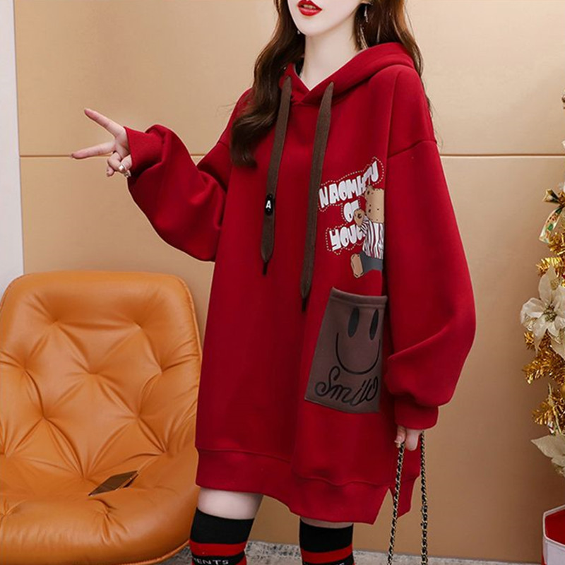Hooded Mid-Length Sweatshirt for Women, Red for the Year of Birth, New Year, Spring and Autumn, Thin Style, Winter Fleece-Lined, Large Pocket Top