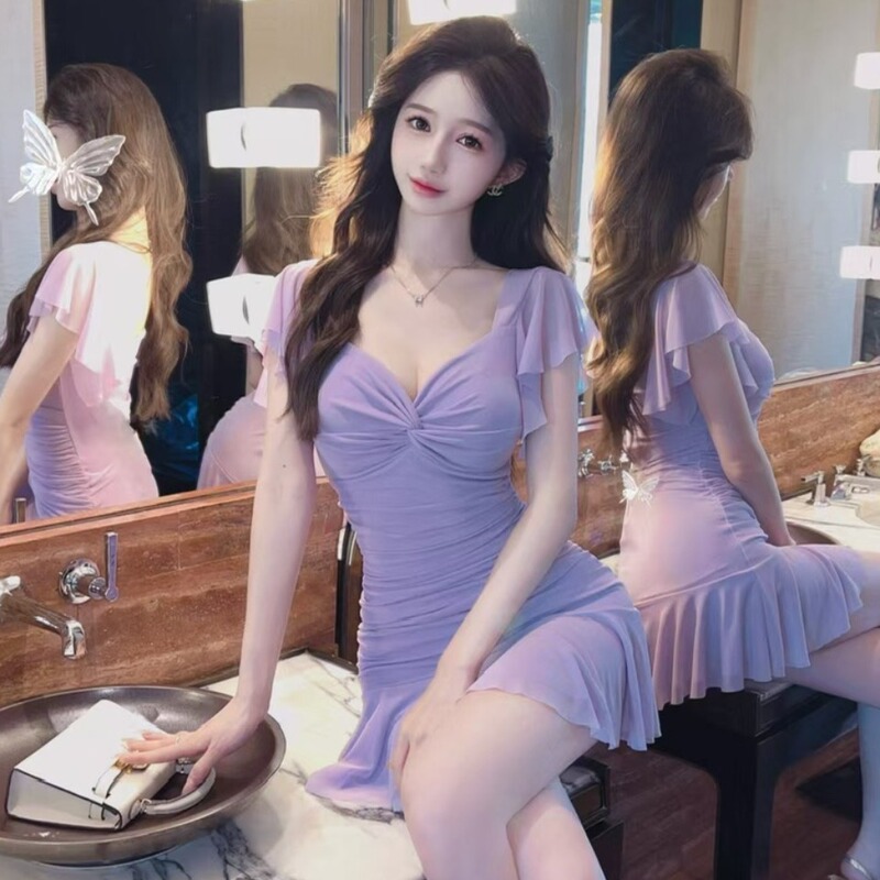 Low-Cut Sexy Plus-Size Mesh Slim-Fitting Bodycon Dress Nightclub Spa Technician Work Uniform Ruffled Short Skirt