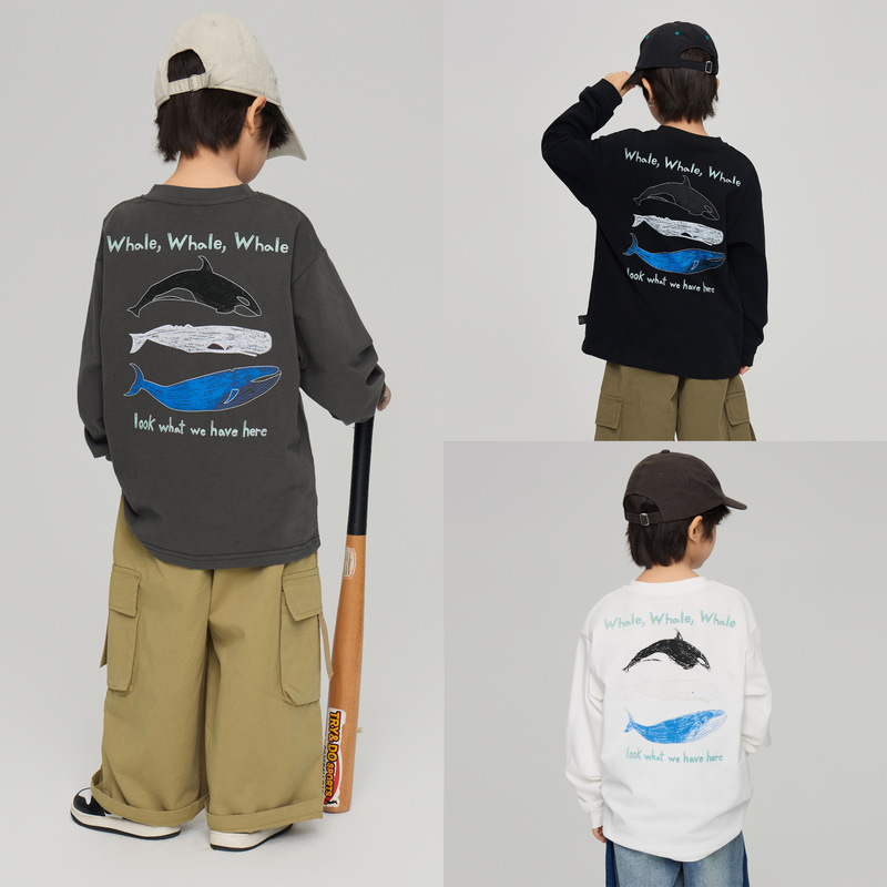 Japanese-Style Spring Thin Long-Sleeve Base Shirt with Whale Design for Boys and Girls, Children's Pure Cotton T-Shirt, Export Clothing