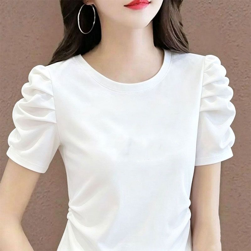 Summer New Style Short-Sleeved Round-Neck T-Shirt with Pleated Design and French Puff Sleeves, Niche Loose-Fitting Slimming Versatile Top