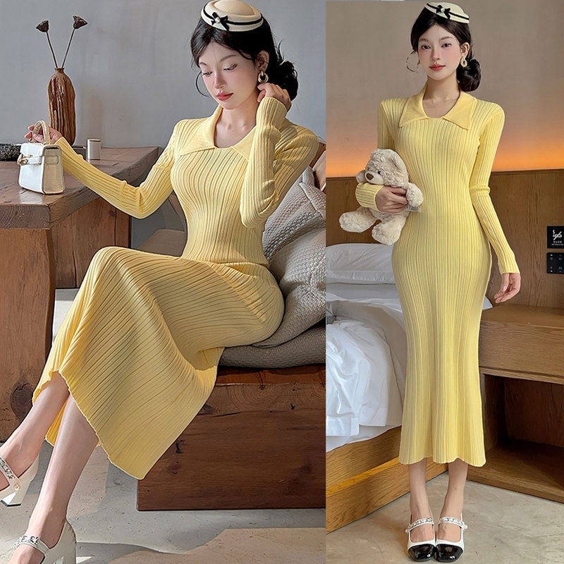 Super Pretty Creamy Yellow Polo Collar Knit Dress for Women, Suitable for Petite Figures in Autumn and Winter, Can Be Worn with a Coat or as a Base Layer Sweater Dress