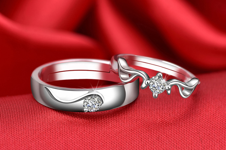 Cặp vợ chồng bạc sterling nhẫn đôi nam nữ trang sức chữ Nhật Bản và Hàn Quốc đơn giản nhẫn đỏ s925 kim cương mở nhẫn cưới nhẫn vàng nữ 18k