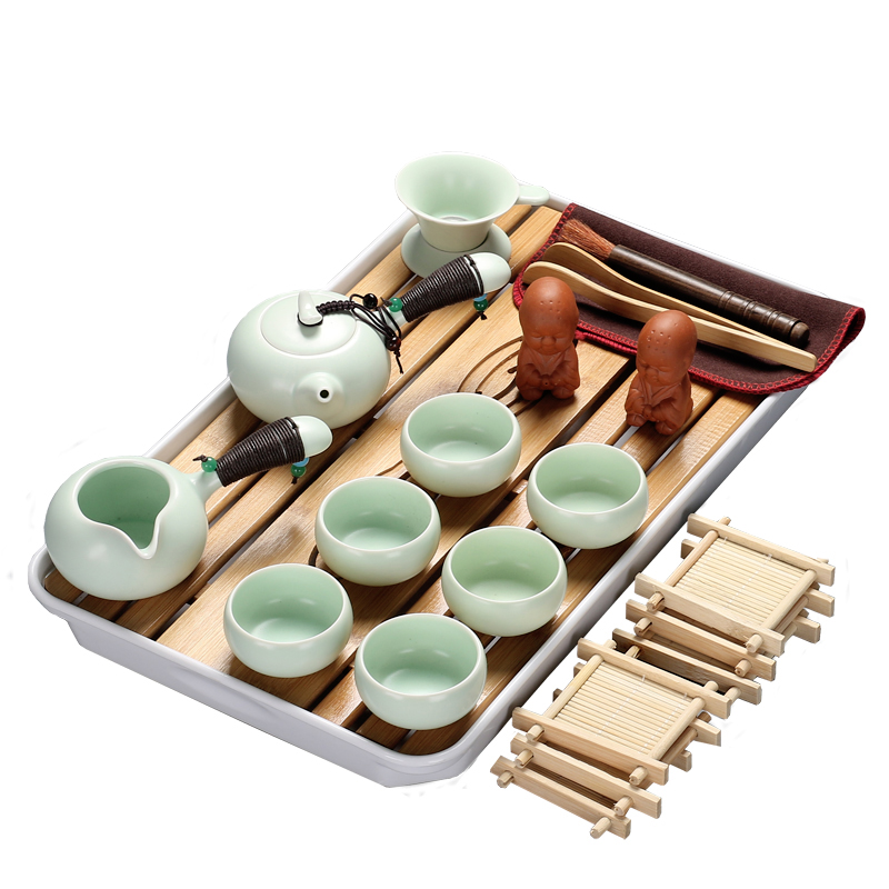 Really sheng ceramic tea set household contracted kunfu tea cup teapot bamboo tea tray of a complete set of dry mercifully tea taking