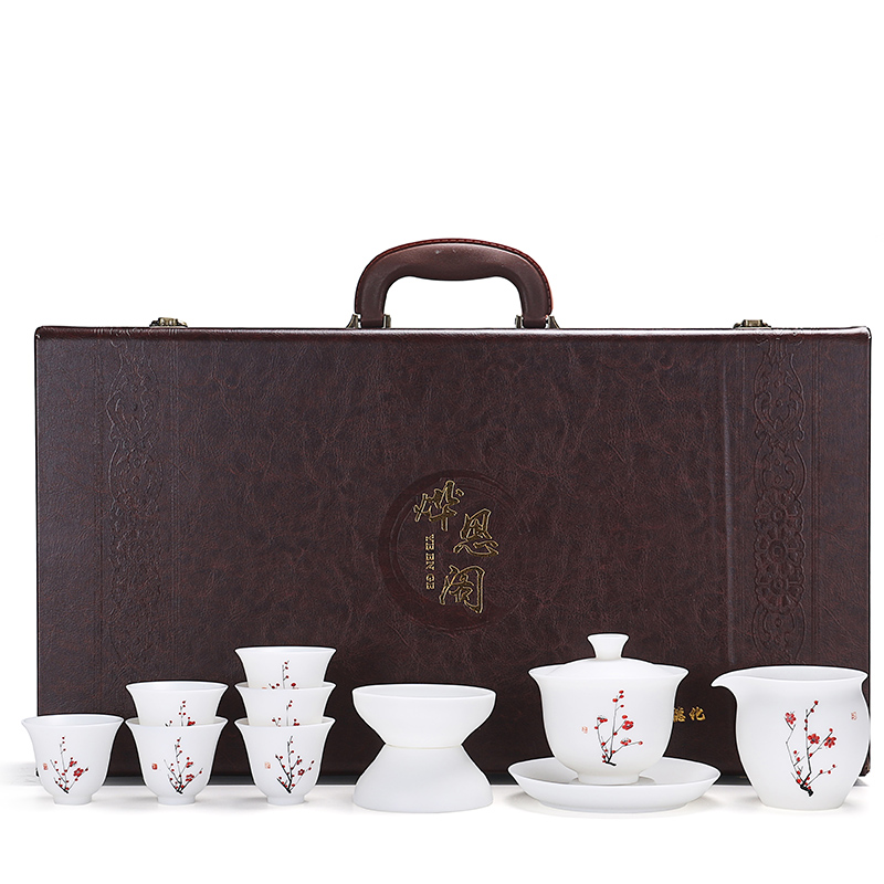 True cheng dehua white hand tea biscuit firing inferior smooth kung fu tea set suet jade tureen gift of a complete set of the teapot