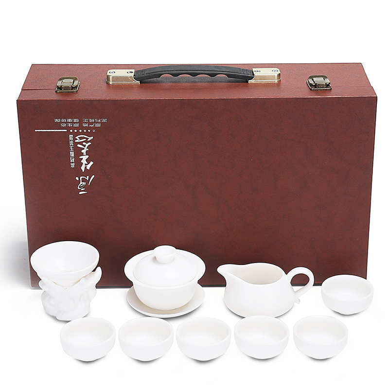 True cheng dehua lard white porcelain tureen tea set ceramic bowl suit household kung fu tea bowl three cups