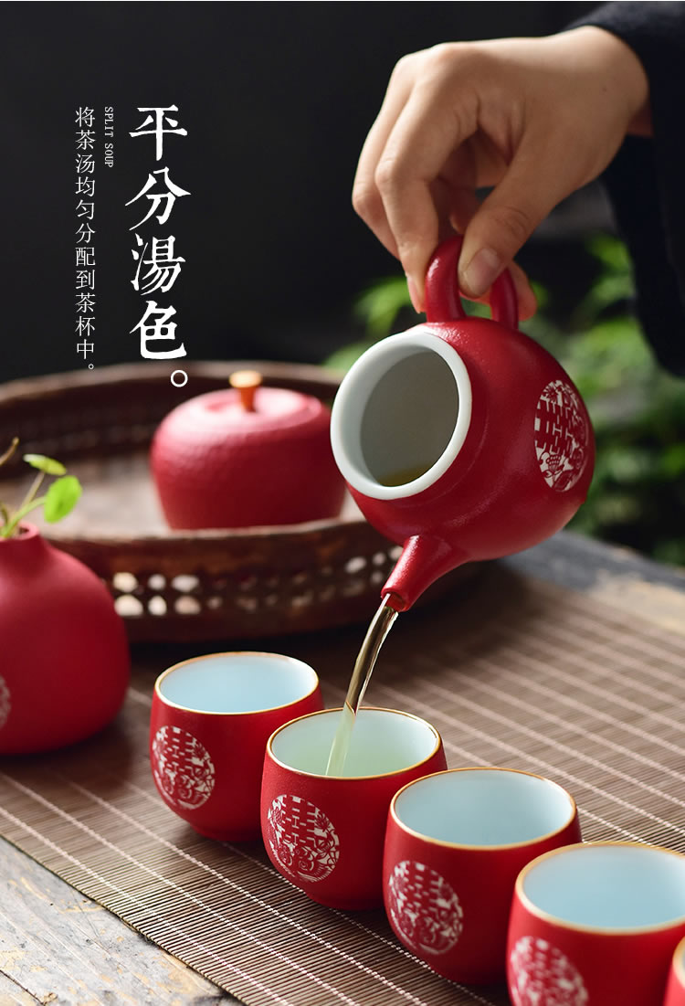 True shing new Chinese style wedding make tea tea set ceramic teapot teacup wedding gift set red double happiness wedding