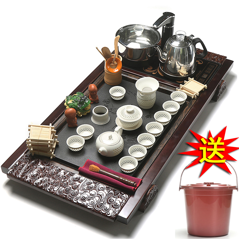 True sheng tea tray tea set ceramic household kung fu cup of a complete set of automatic induction cooker U.S. - Chinese relations solid wood tea