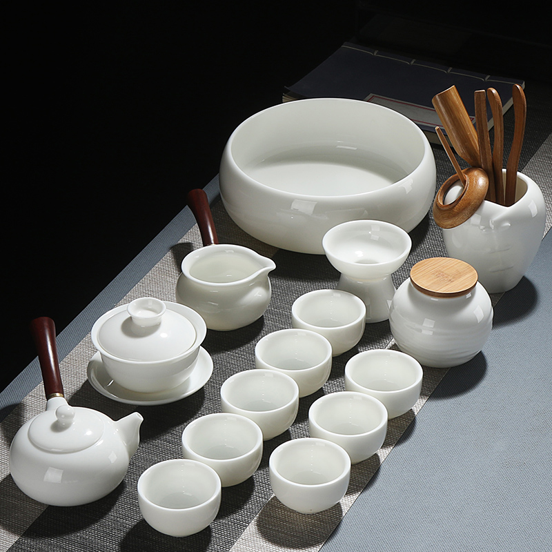True sheng white porcelain kung fu tea set ceramic teapot cup household contracted a whole set of gift set suet jade contracted