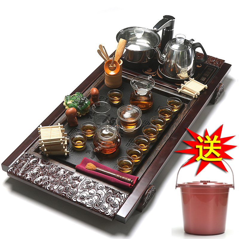 True sheng tea tray tea set ceramic household kung fu cup of a complete set of automatic induction cooker U.S. - Chinese relations solid wood tea