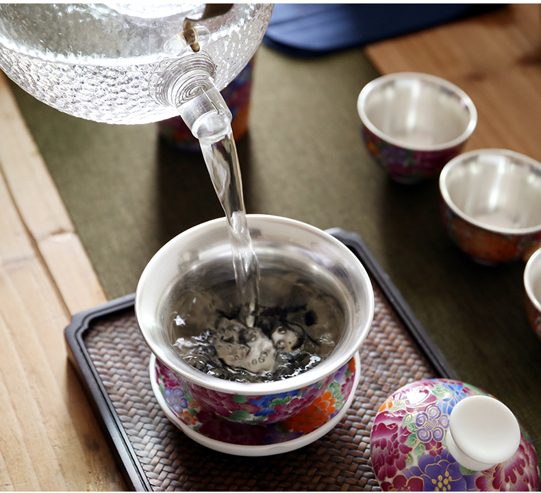 True sheng coppering. As silver tea set household kung fu tea ware colored enamel silver cup teapot ceramic gift boxes