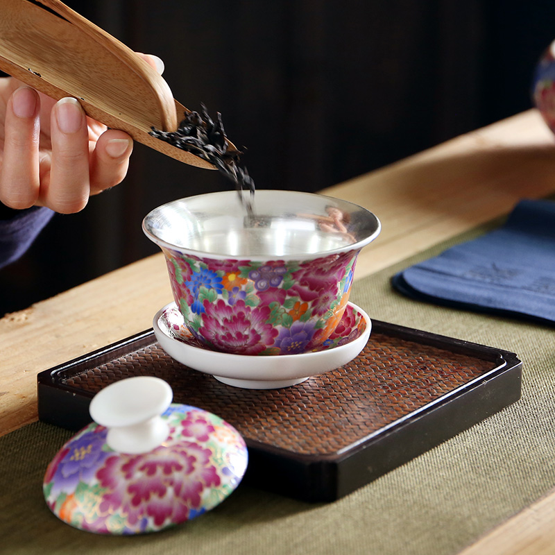 True sheng coppering. As silver tea set household kung fu tea ware colored enamel silver cup teapot ceramic gift boxes