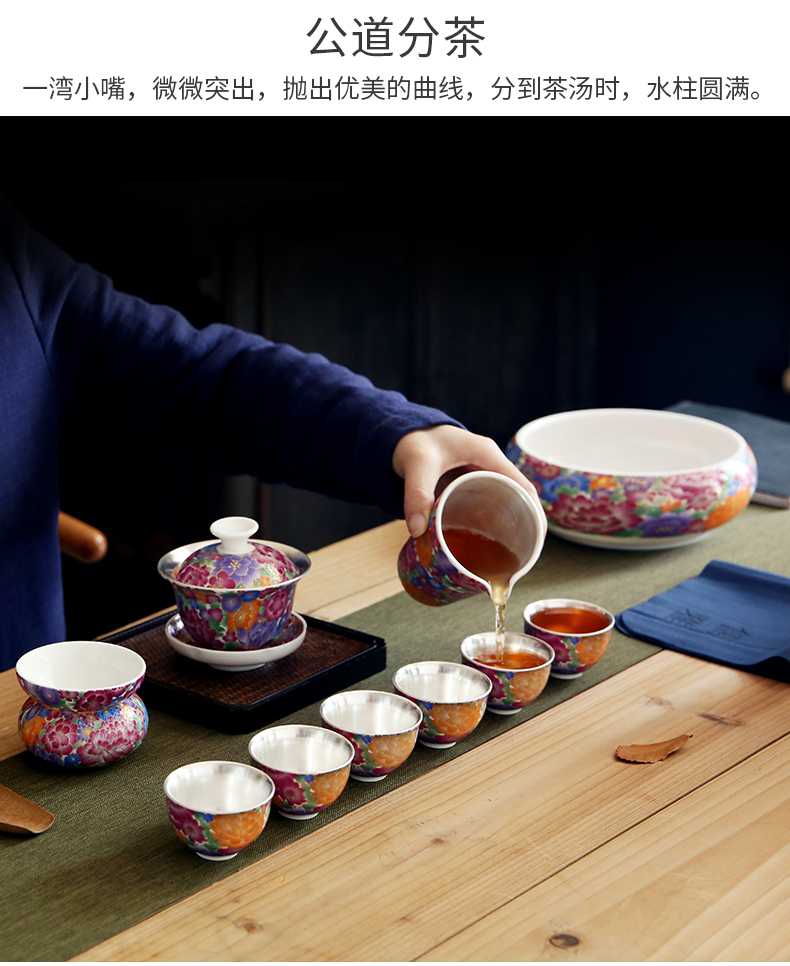 True sheng coppering. As silver tea set household kung fu tea ware colored enamel silver cup teapot ceramic gift boxes