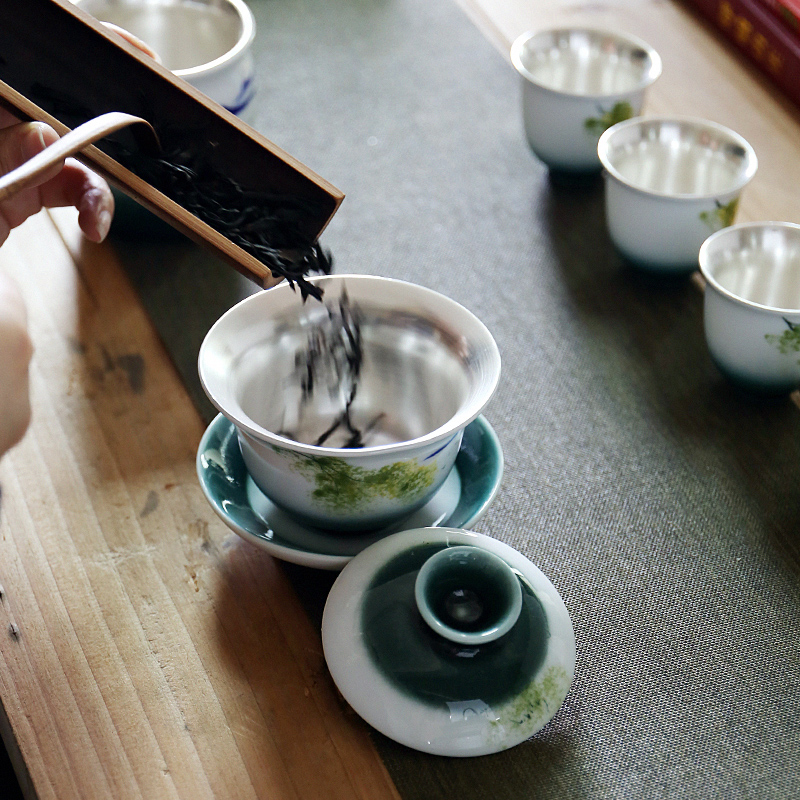 Really sheng white porcelain hand - made tea set household sand coppering. As silver cup lid to use kung fu tea tea tray