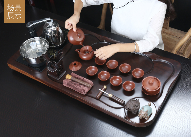 True sheng ebony wood tea tray tea set automatic induction cooker kung fu tea tea tea set