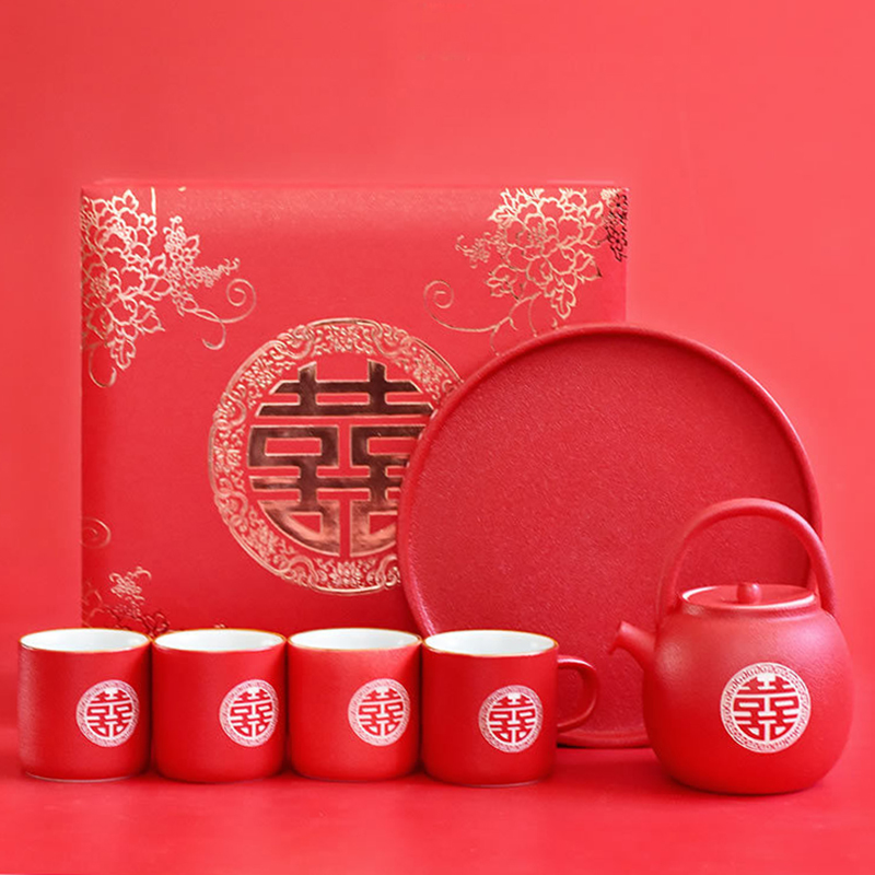 True shing new Chinese style wedding make tea tea set ceramic teapot teacup wedding gift set red double happiness wedding