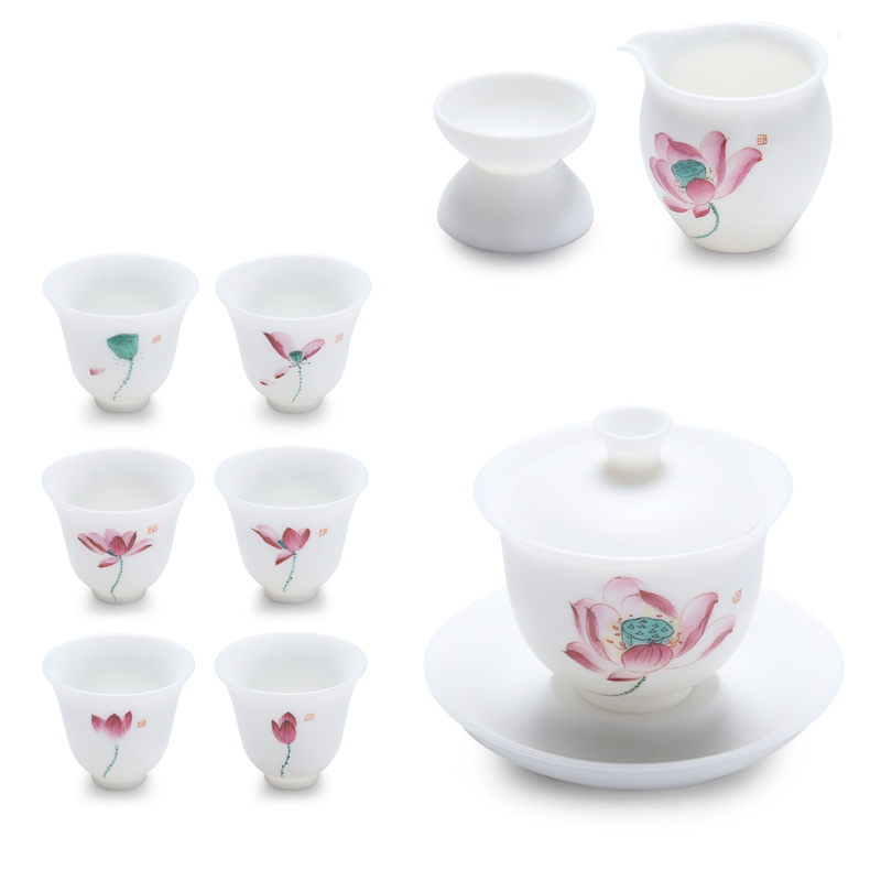 True cheng dehua white hand tea biscuit firing inferior smooth kung fu tea set suet jade tureen gift of a complete set of the teapot