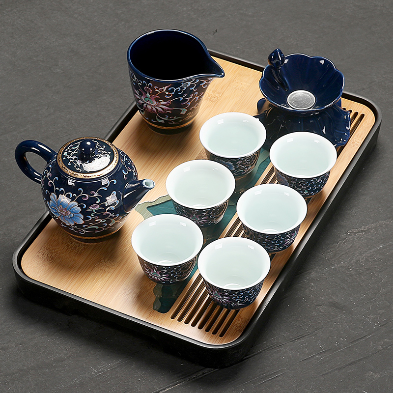 Really sheng ji blue glaze ceramic tureen tea set of a complete set of kung fu tea cups little POTS dry terms plate of household