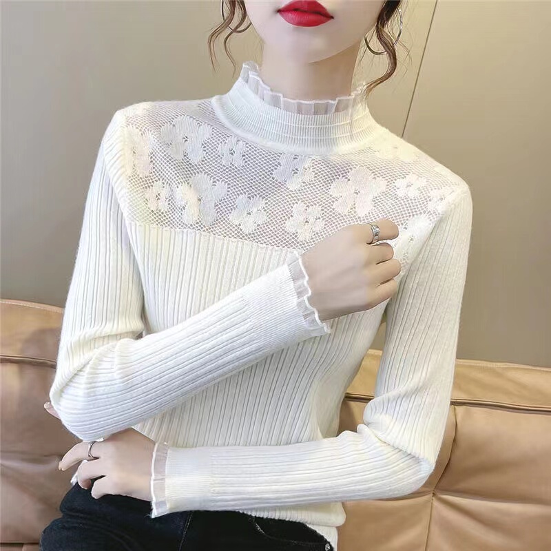 Half Turtleneck Lace Floral Knit Top for Women, New Autumn and Winter Korean Style Slim-Fit Pullover Base Shirt Sweater