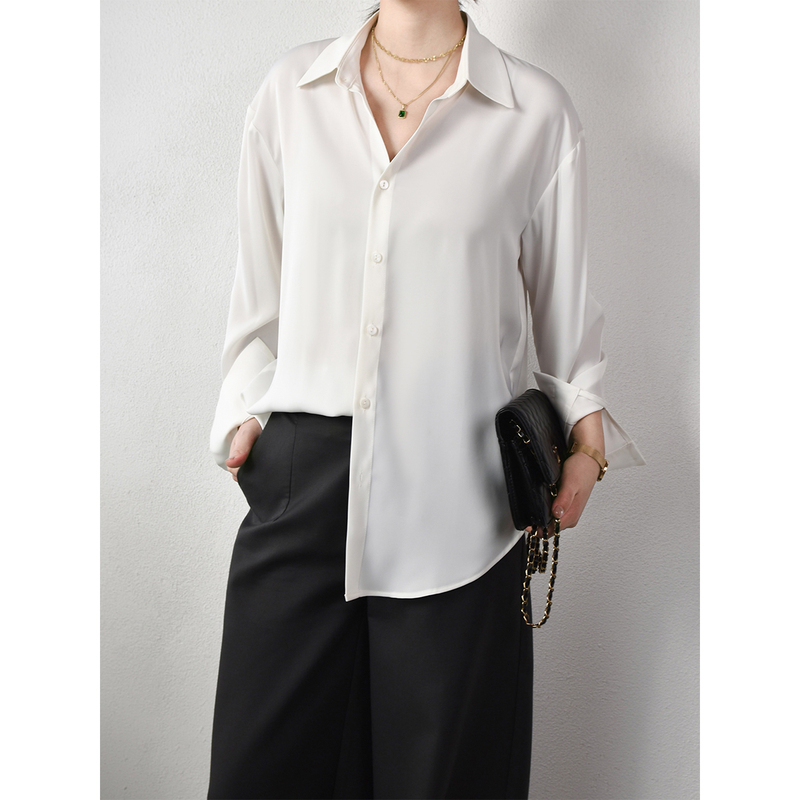 White Soft Satin High-End Drape Shirt, Loose Plus Size Women's Casual Glossy Professional Commuting Top