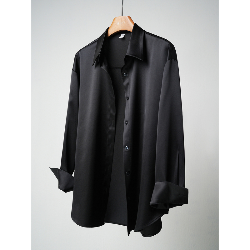 Pearlescent Black Imitation Acetate Satin Shirt, Loose Fit, Plus Size Women's Drop Shoulder Sleeves, Drapey, Glossy, Wrinkle-Resistant, Versatile Long Sleeves