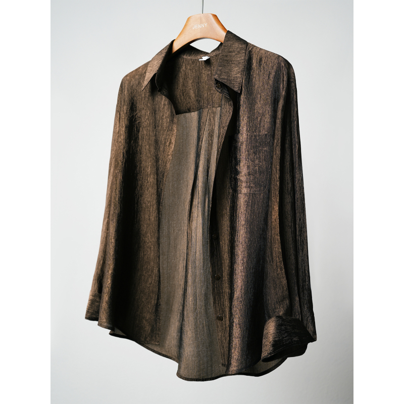 [Pearlescent Acetate] Coffee Brown Vintage Simple Women's Long Sleeve Turn-Down Collar Loose Comfortable Textured Spring/Summer Sun Protection Shirt