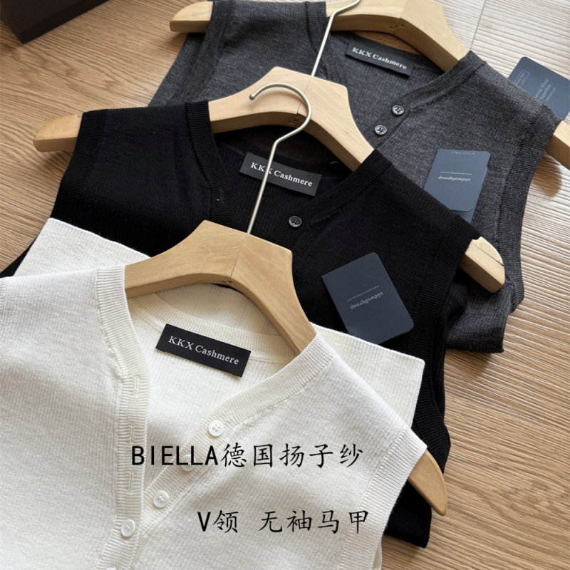 Biella German Yangzi Yarn Fine-Spun All-Wool Sleeveless V-Neck Knitted Slim-Fit Women's Vest Pullover Thin Sweater
