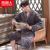 Antarctic robe men mens winter three-layer cotton padded medium-length coral velvet flannel pajamas bathrobe