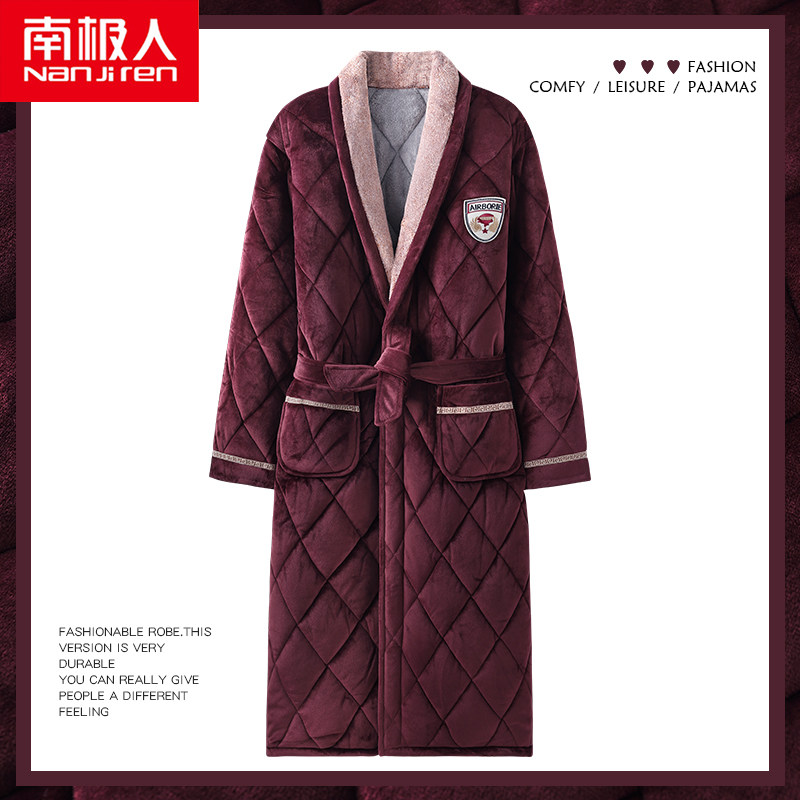 South Pole sleeping robe for men's winter thickened with long version of flannel flannel triple clip cotton bathrobe with velvety long gown pyjamas for autumn and winter