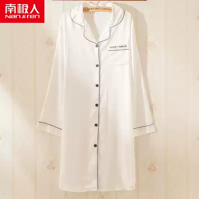 Antarctic nightgown female summer ice silk thin white sexy shirt long sleeve silk large size Spring and Autumn boyfriend wind pajamas