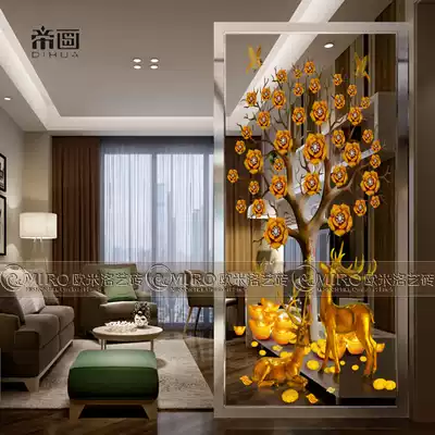 Boutique art glass screen cabinet decoration Dining room living room compartment background wall sliding door frosted double-sided rich tree