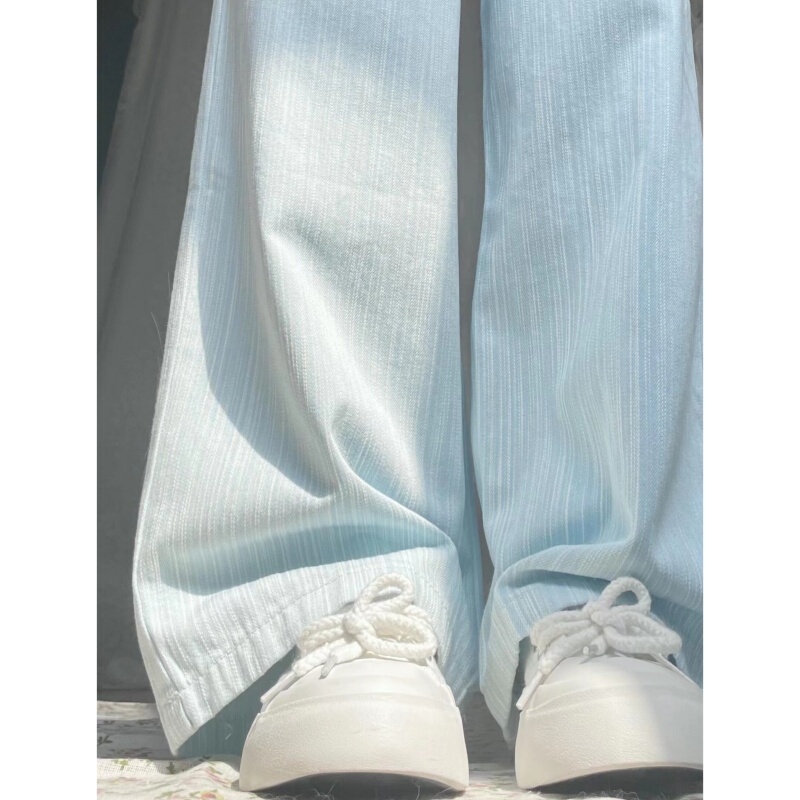 145cm Petite Blue Striped Cropped Denim Pants for Women, 150cm Spring/Summer High-Waisted Loose Textured Straight Wide-Leg Pants