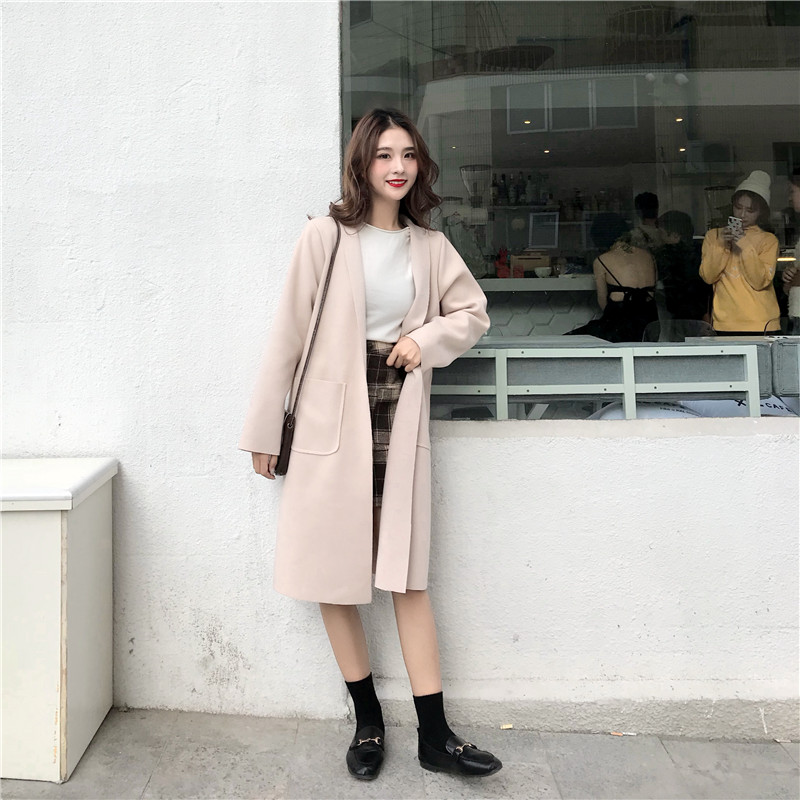 Áo khoác len nữ dài phần phiên bản Hàn Quốc 2018 thu đông mới áo khoác dài hai mặt nữ rộng áo măng tô nữ