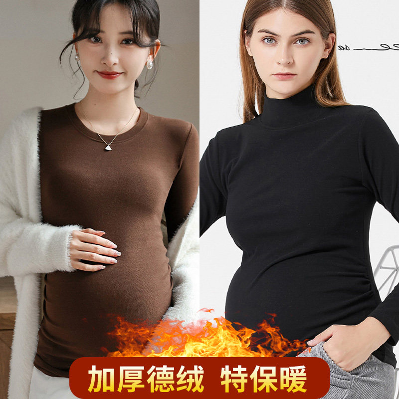Pregnant woman's autumn clothes jacket Self-heating Develvet bottom-shirt semi-high collar internal lap thickened autumn and winter gush warm t-shirt-Taobao