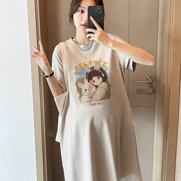 Длинное хлопковое платье-т shirt для беременных, с коротким рукавом, корейский стиль, средней длины