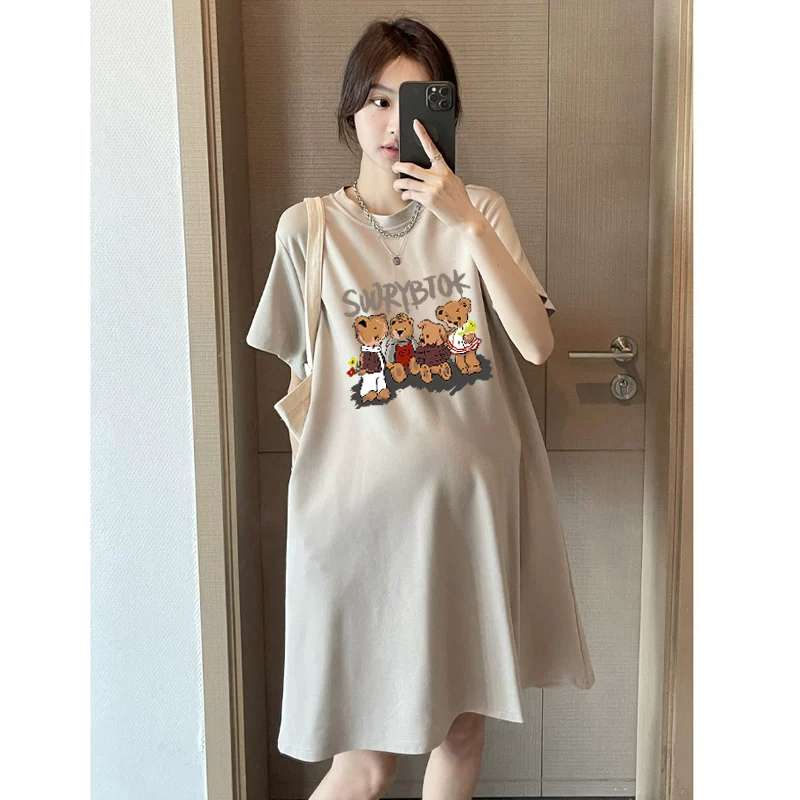 Длинное хлопковое платье-т shirt для беременных, с коротким рукавом, корейский стиль, средней длины