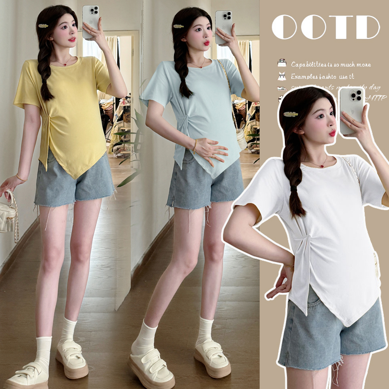 Maternity Wear Summer Design Pleated Short-Sleeved Top 2025 New Korean Style T-Shirt Summer Pregnancy Clothes Trendy Mom Maternity Wear Summer Design Pleated Short-Sleeved Top 2025 New Korean Style T-Shirt Summer Pregnancy Clothes Trendy Mom