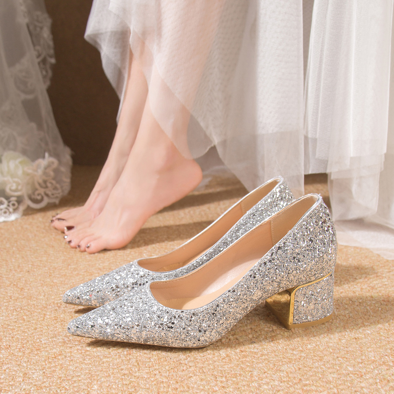 Crystal Wedding Shoes, Dual-Wear for Both Traditional and Western-Style Wedding Dresses, 2023 New Bridal Shoes, Maternity-Friendly, Large Size, Chunky Heel, High Heel, Bridesmaid Shoes