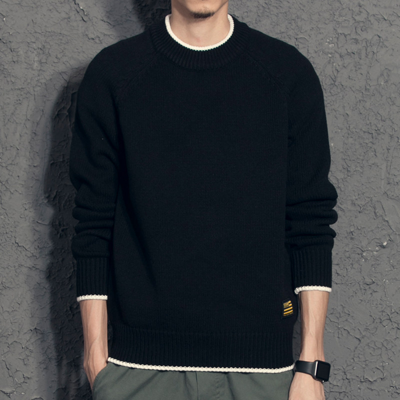 Yiyang Japanese small fresh fake two-piece color matching men's sweater winter round neck autumn knitted sweater men's Korean version trend