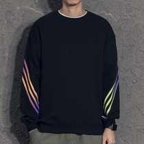 Yizai color striped webbing Hong Kong style trend plus velvet sweater mens autumn and winter Korean handsome round neck autumn jacket