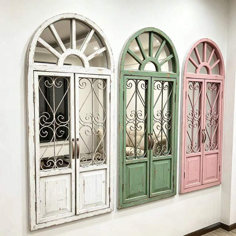 Vintage Distressed Iron Window Wall-Mounted Mirror Wall Decoration Restaurant Glass Screen Arch-Shaped Cream-Style Partition Divider