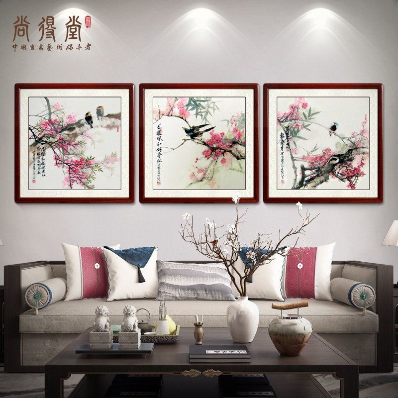 Chandang National Painting Plum Blossom Triple Painting Living Room Sofa Background Wall Mural Dining Hall Decoration Painting Bedroom Flower Bird Hanging Painting
