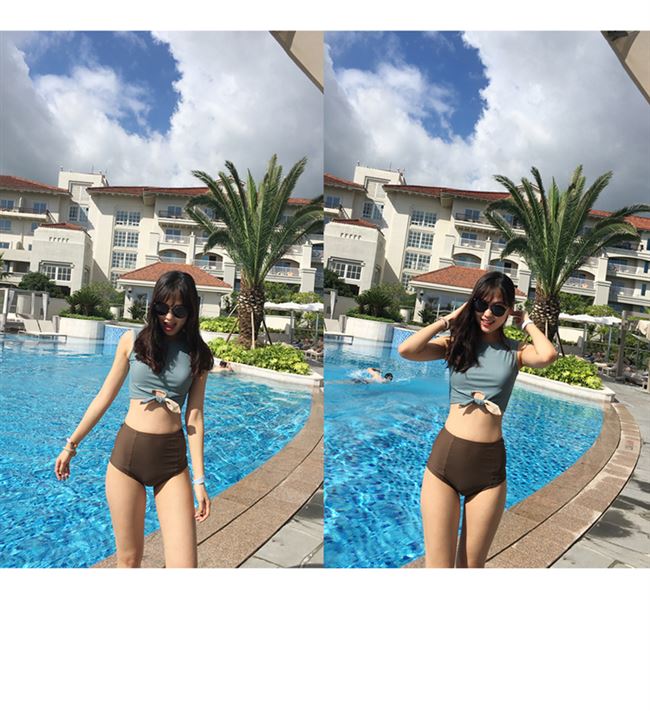 Quần bơi nữ xẻ eo cao tươi tam giác bikini che bụng thon gọn ngực nhỏ tụ tập áo tắm kỳ nghỉ Hàn Quốc - Bikinis đồ bơi cho người béo bụng