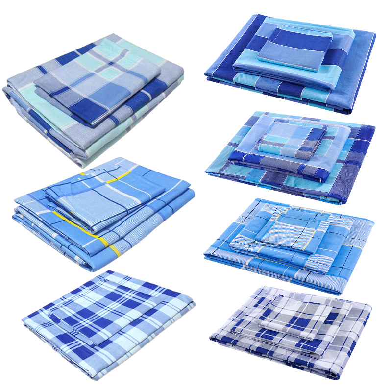 Middle school students blue plaid dormitory pillow quilt cover three-piece cotton single bed school special striped blue and white plaid sheets