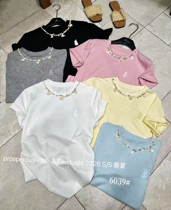 2026 Summer New Fashion High-Quality Round Neck Beaded Embroidery Simple Solid Color Versatile Elegant Short-Sleeve T-Shirt