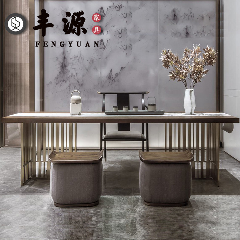 Tea table and chair combination New Chinese medium simple modern office reception sample house display light luxury tea table solid wood furniture