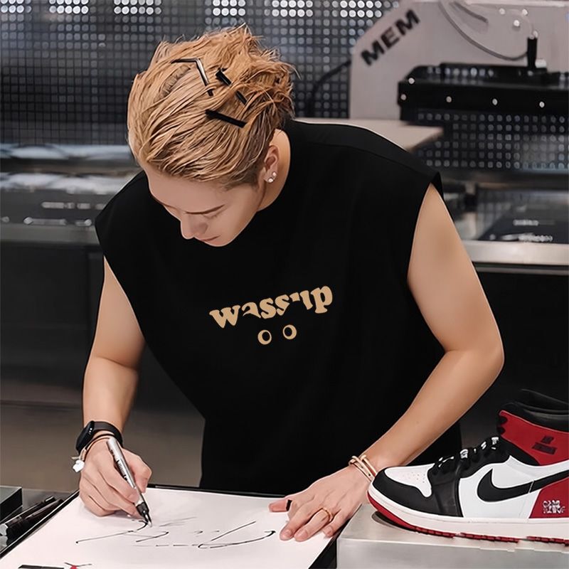 Wang Jiaer's Same Style Lyocell Ice Silk Sleeveless T-Shirt for Men, Summer Wassup Cat Silicone Print Vest Wang Jiaer's Same Style Lyocell Ice Silk Sleeveless T-Shirt for Men, Summer Wassup Cat Silicone Print Vest