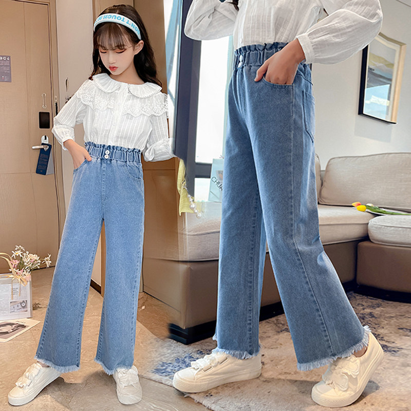 Girl Jeans Spring Autumn Cash children Spring high waist wide pants for large children outside wearing long pants casual straight cylinder pants