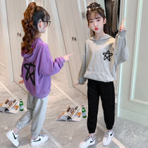 Girls sports suit Spring and Autumn Middle Children Girls foreign hooded sweater autumn clothing childrens leisure pants two-piece set